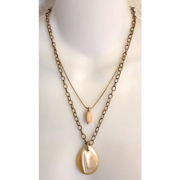 Vtg Monet Double Strand Goldtone Necklace Teardrop Shell MCM 60s 70s Hook Clasp - Picture 1 of 5